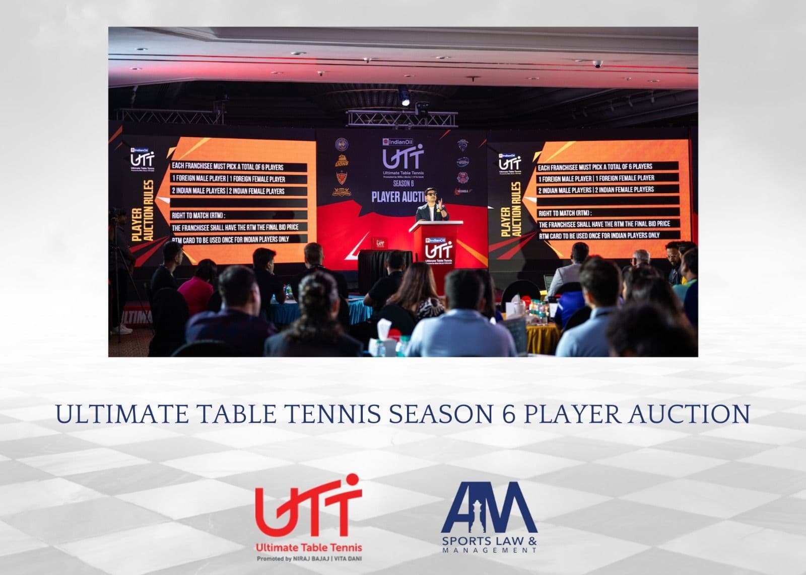 Ultimate Table Tennis Season 6 Player Auction with UTT logo on stage