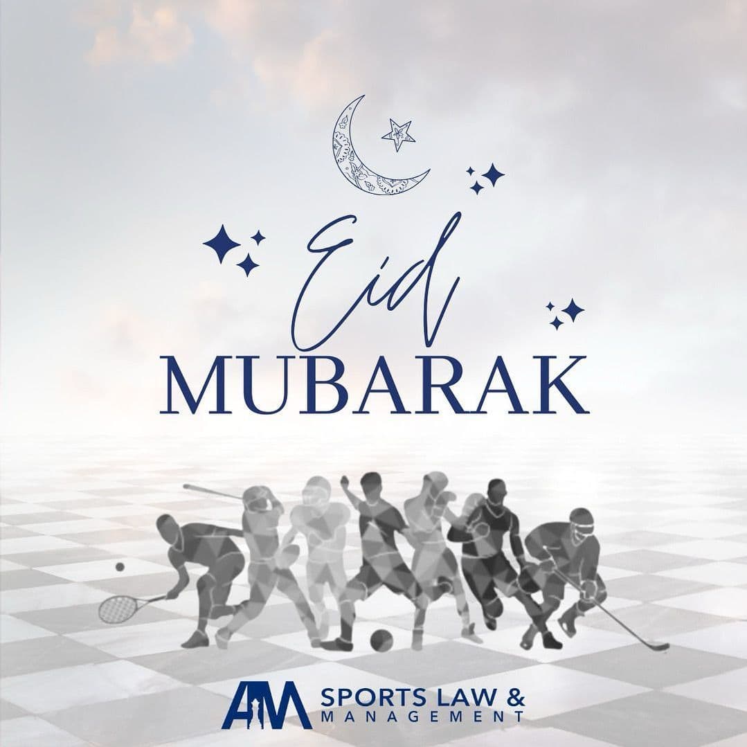 Eid Mubarak from AM Sports Law — multi-sport athlete silhouettes