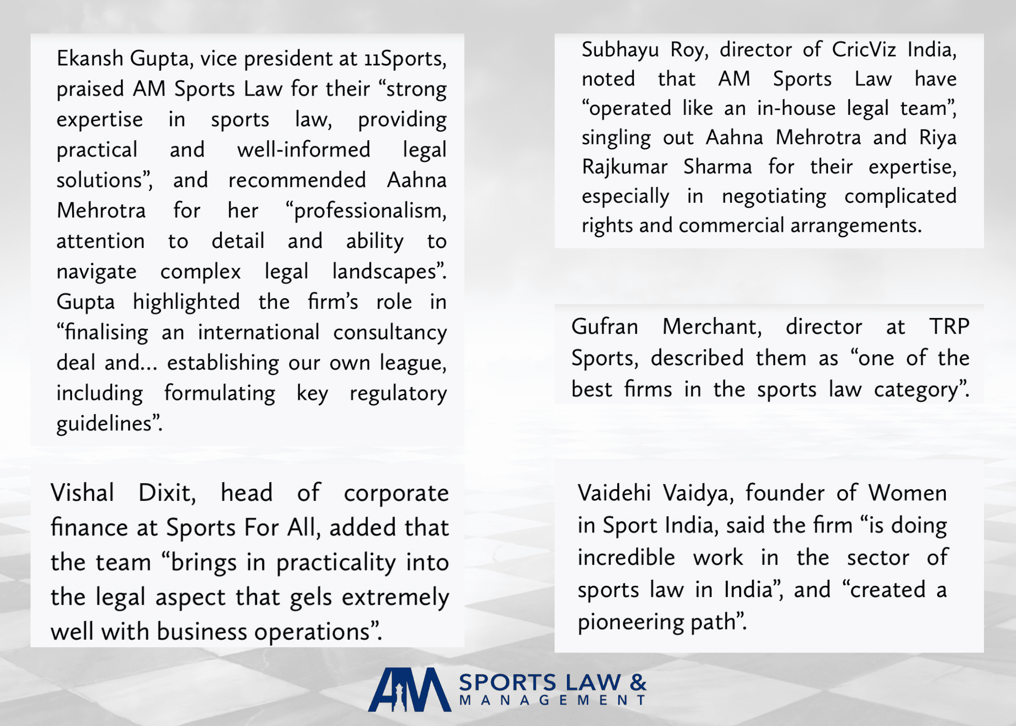 Client testimonials praising AM Sports Law from 11Sports, CricViz, TRP Sports, and others