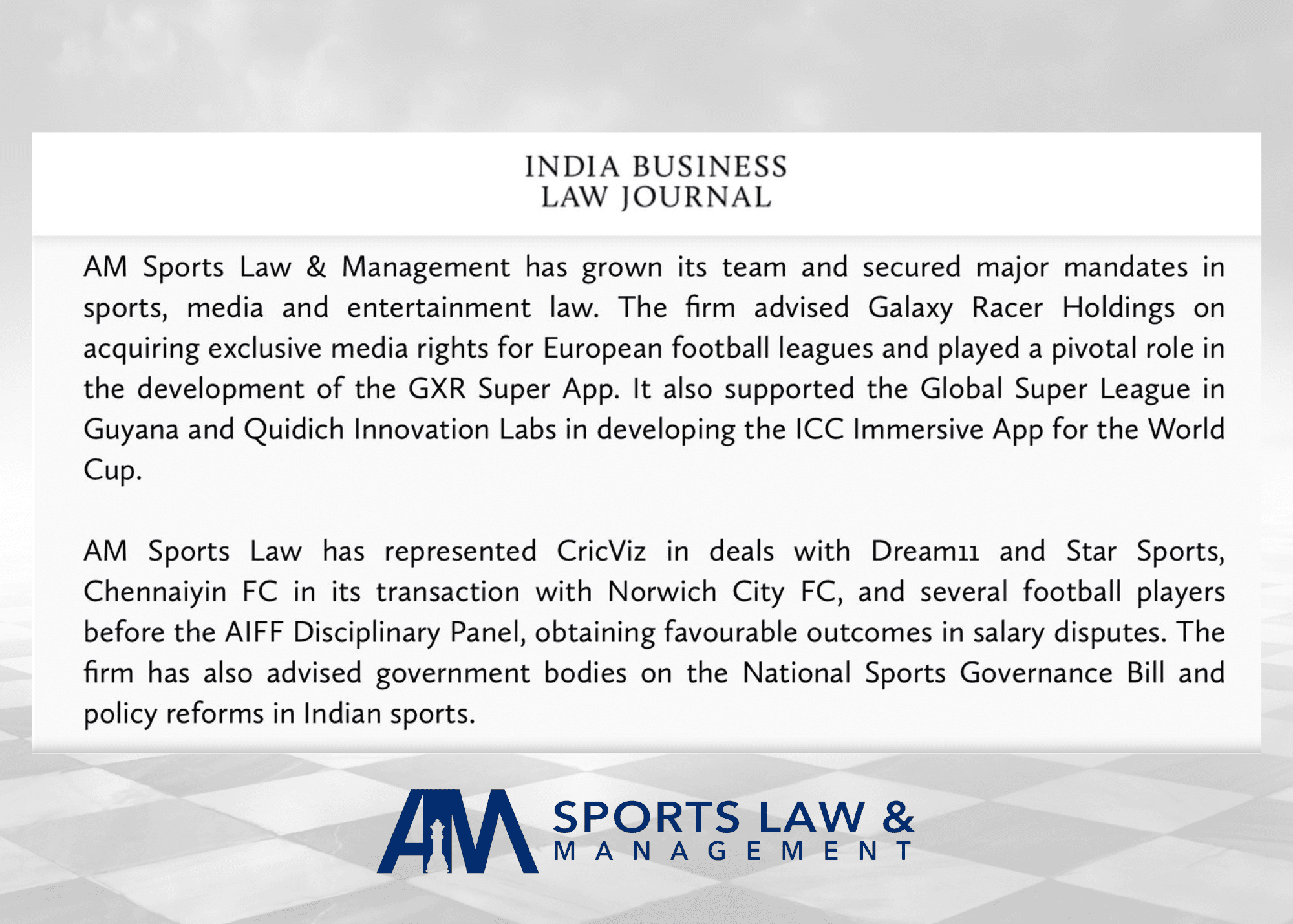 India Business Law Journal article featuring AM Sports Law & Management
