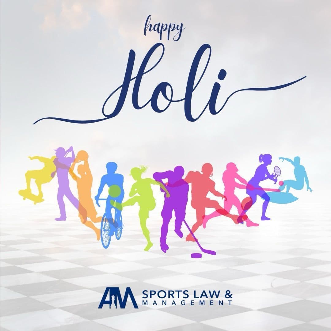 Happy Holi from AM Sports Law — colourful multi-sport athlete silhouettes